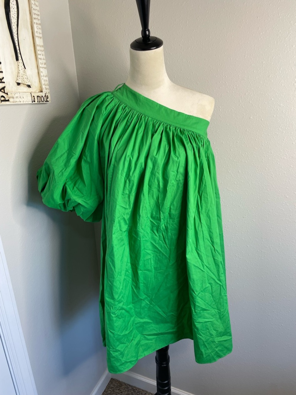 Oroton Green One Shoulder Dress Size 8 Statement Sleeve Cotton Mini Dress